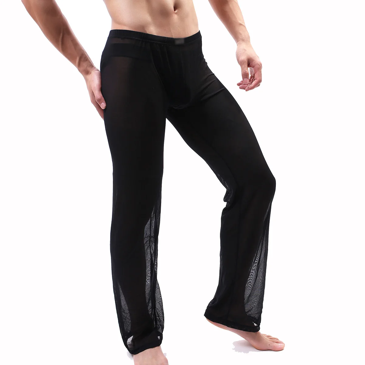 Sexy masculino sleep bottoms ultra-fino malha transparente cuecas soltas elasticidade calças de pijama casual homewear calças de sedução