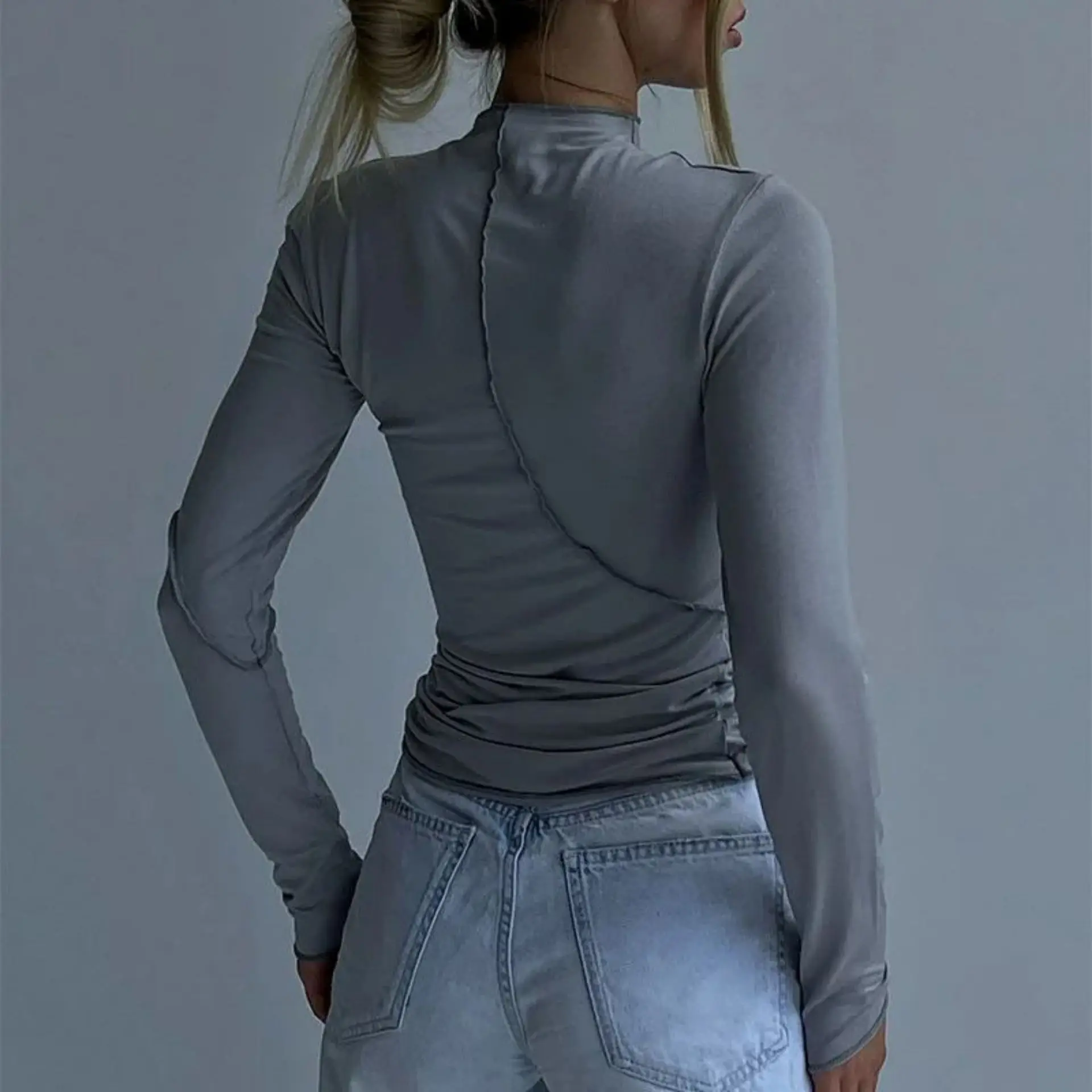 女性用長袖クルーネックTシャツ,親指穴付きショートトップ,単色Tシャツ,スリムフィット,毎日のストリートウェア,夏のファッション
