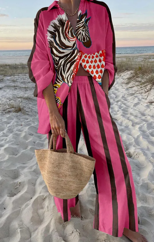 Sommer Frauen Neue Casual Druck Zwei-stück Set Kleidung Meer Tropischen Urlaub Stil Gedruckt Revers Hemd + Breite bein Hosen Set