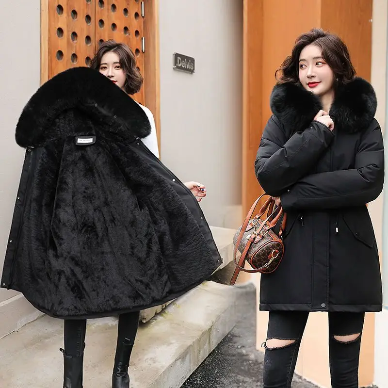 Parka para mujer, abrigo largo a la moda, Parkas con capucha y forro de felpa, nueva chaqueta de invierno ajustada con Cuello de piel, ropa cálida para la nieve, ropa acolchada
