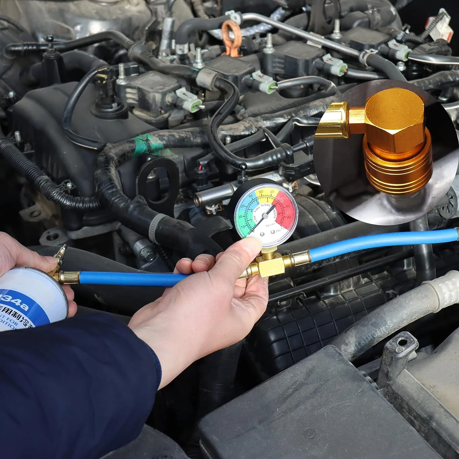 ท่อ R134A เครื่องปรับอากาศในตู้เย็นสำหรับชาร์จแบตในรถยนต์พร้อมมาตรวัด Manifold AC ชุดชาร์จเครื่องปรับอากาศ R134A รถยนต์