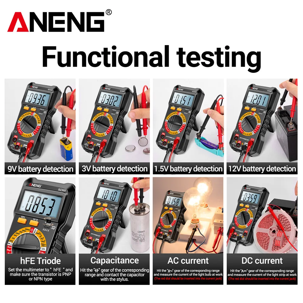 ANENG SZ305 Multimeter 1999, Zählung, professioneller AC/DC-Spannungsprüfer, Amperemeter, Kondensator, hFE, Triode, Hz, Detektor, Elektriker-Werkzeug
