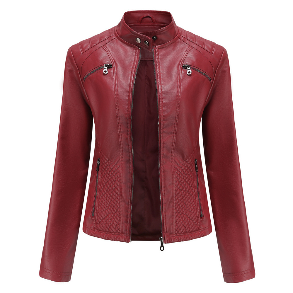 Lavendellila Damen-Langarm-PU-Jacke, modische Motorrad-Lederjacken, roter Mantel, schwarze Oberbekleidung.