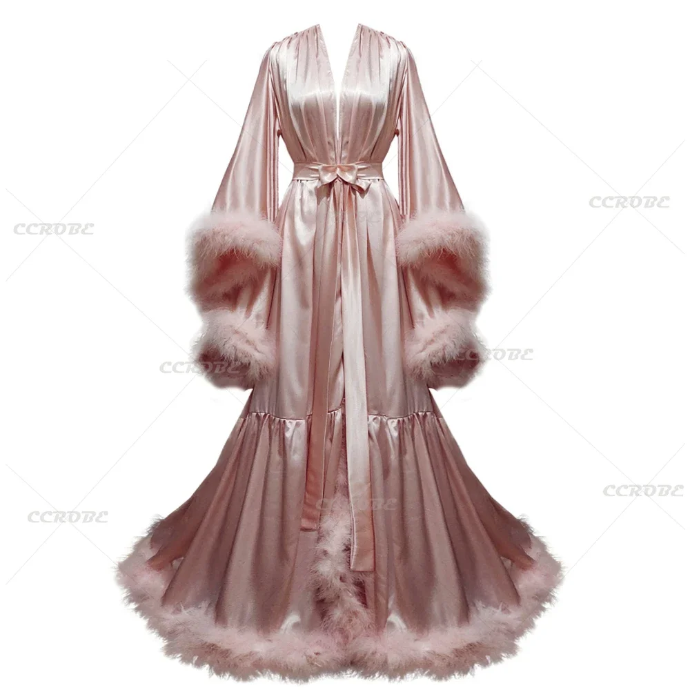 Albornoz con mangas acampanadas para mujer, bata nupcial de plumas, camisón largo de ilusión de seda, bufanda de boda, vestido de fotografía