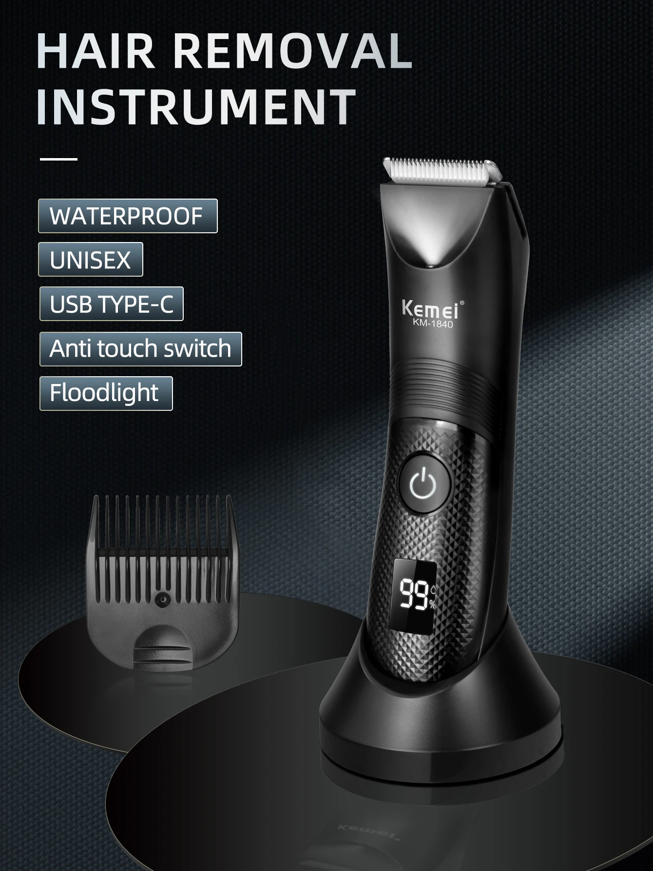 Kemei-プロの男性用バリカン,防水電気バリカン,LCDディスプレイ付き充電式バリカン