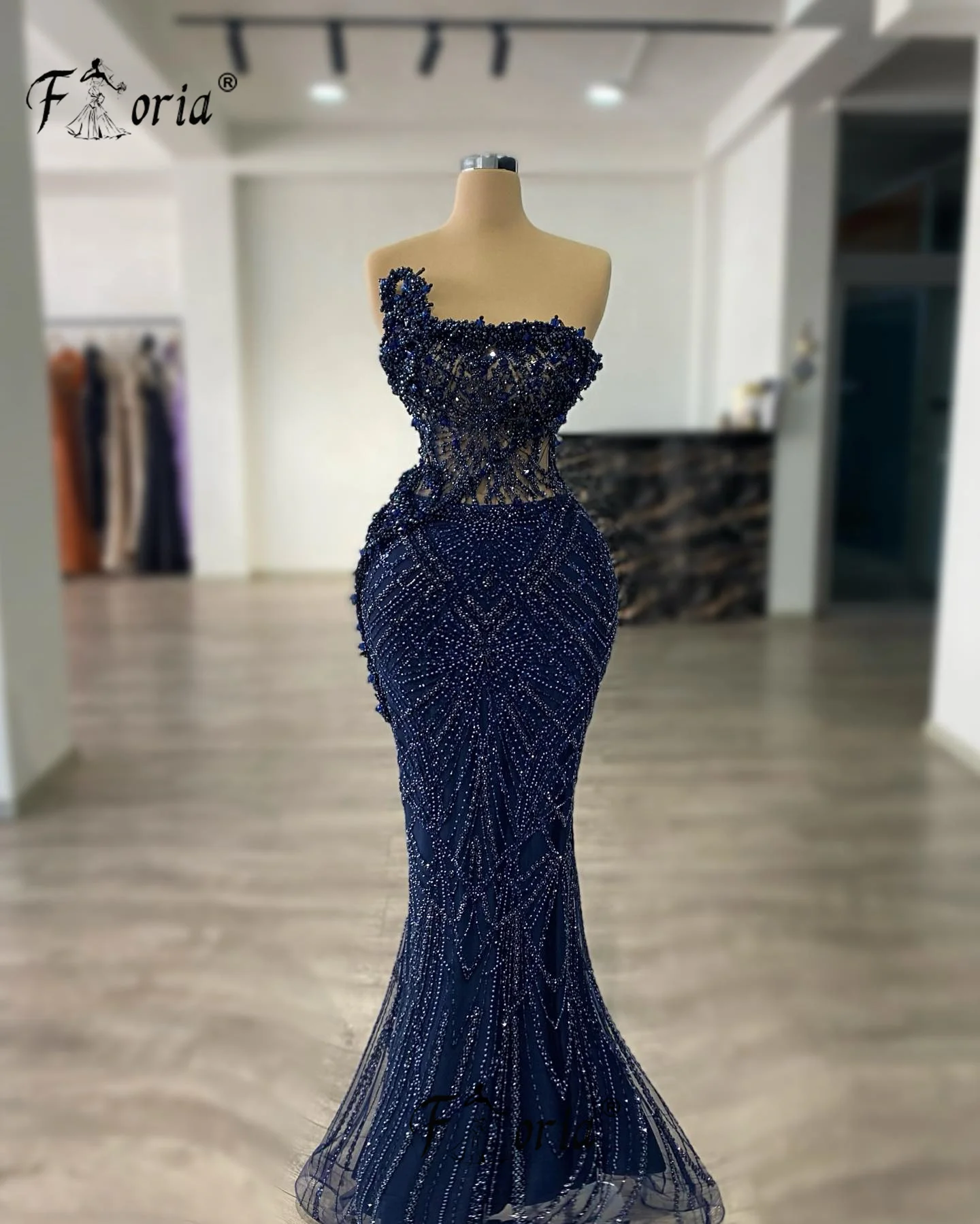 Perlen Marineblau Meerjungfrau Formales Partykleid Ärmellos Arabische Frau Spitze Hochzeit Abendkleider Maßgeschneiderte Robe de Soiree Gala