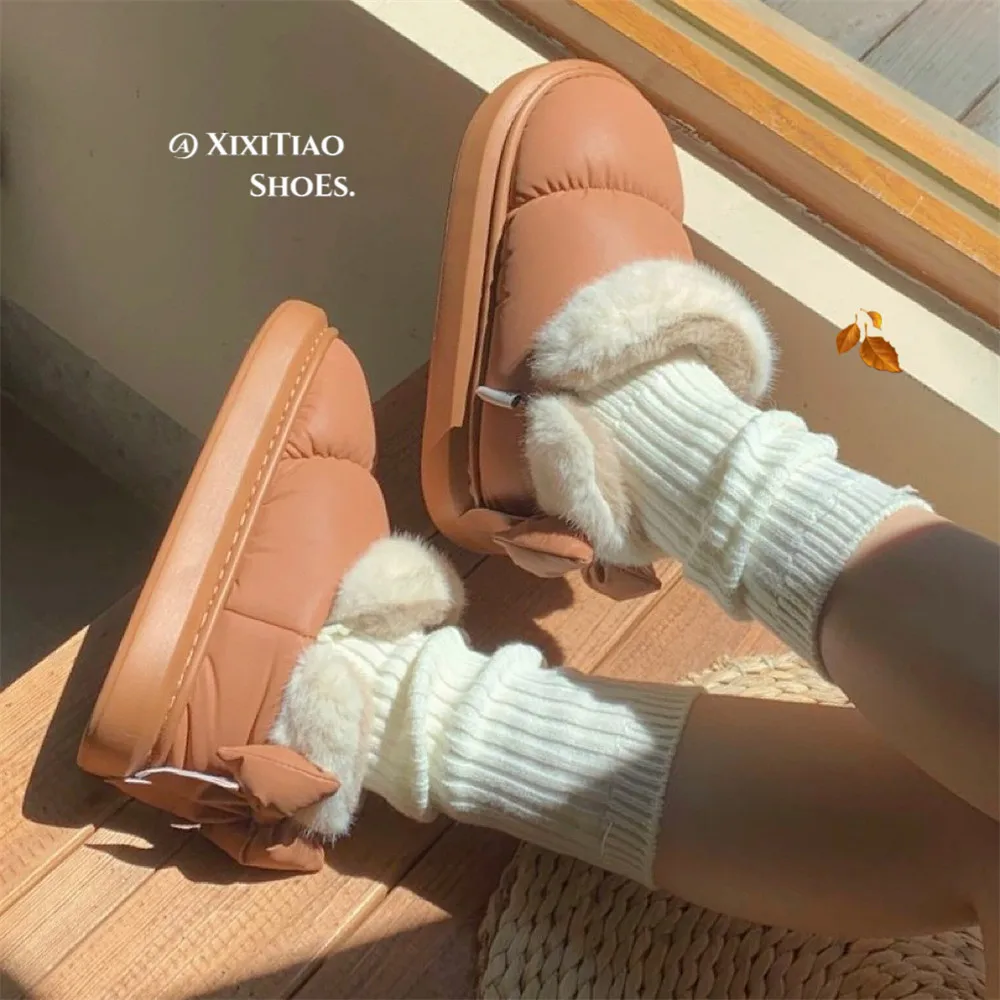 Bottines chaudes et mignonnes pour femme, chaussures chaudes en coton avec nœud en peluche, en tissu imperméable, à baril court, nouvelle collection hiver 2024
