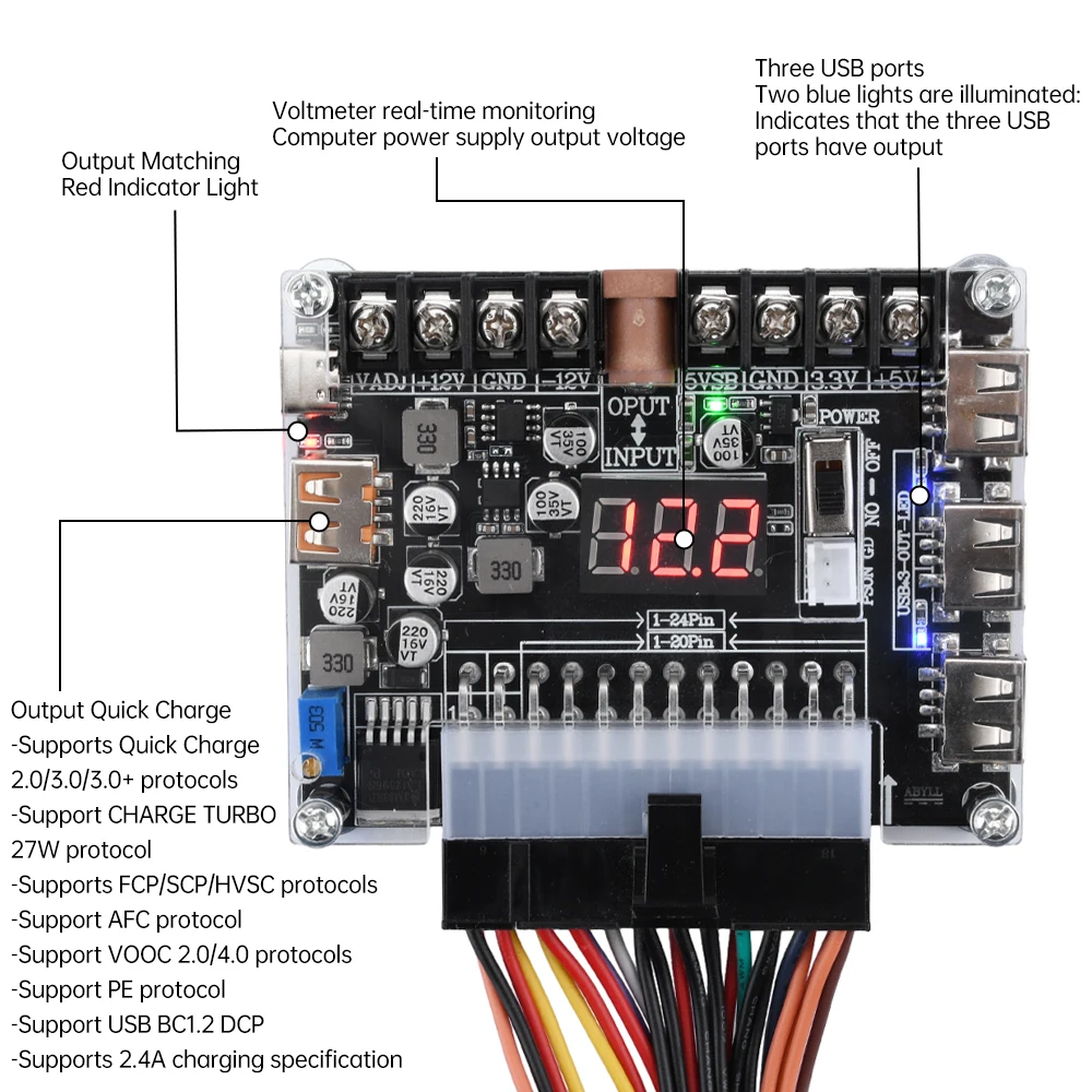 20/24 Pin Atx Power Adapter Board Power Module Adapter Adjustable Voltage With Red Digital Display Support For Pd2.0/Pd3.0