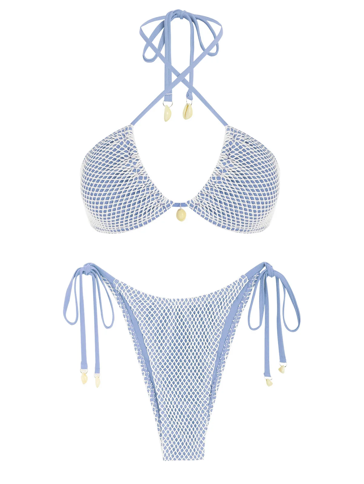 ZAFUL Women's Fishnet Mesh Tie Cami Shell Decor Triangle String Tanga Two Piece Bikini Swimwear