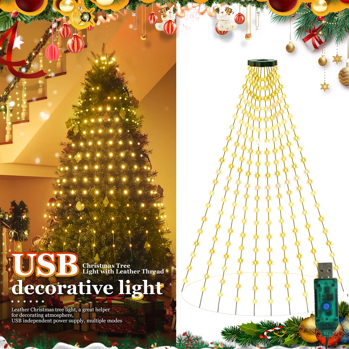 Guirnalda de luces LED USB, luces de hadas impermeables para árbol de Navidad con 8 modos de iluminación para decoración interior de jardín, boda y Halloween