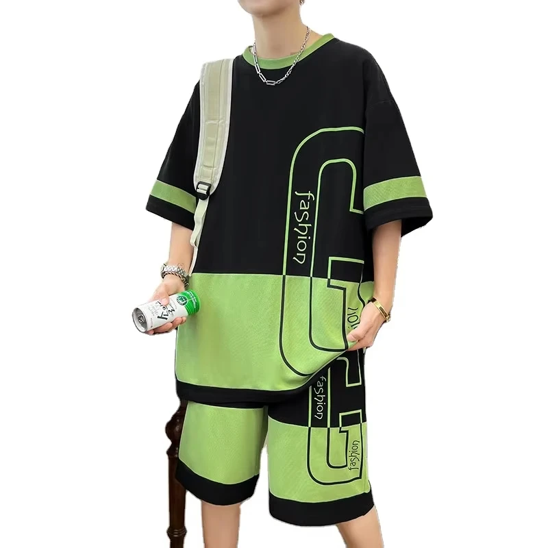 Neues Jugend-Freizeitsport-Set für Herren im Sommer, lockere Kurzarm-Shorts für Herren, trendiges zweiteiliges Set, leicht und transparent S