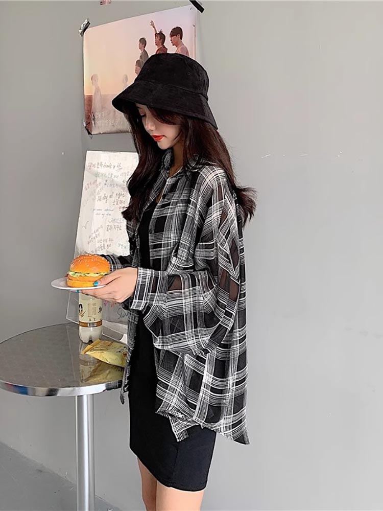 Csa Fena de Verão em Seda Gelada Xadrez, Fina, para Proteção Solar, Manga Longa, Crimento Médio, Material 00%