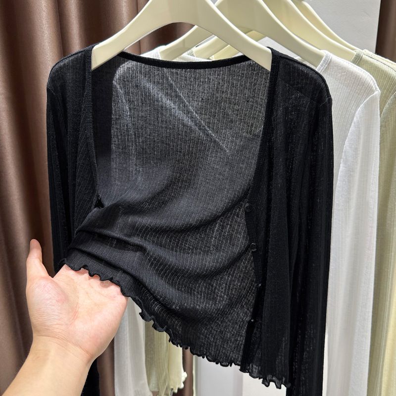 Cardigan F Plus Size de Seda Gelada Fina com Proteção Solar, Manga Curta, Estilo Csa Externa com Borda Efeito Madei...