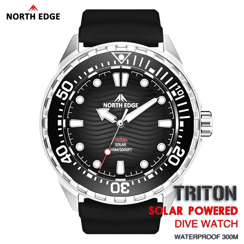 NORTH EDGE 2025 Nieuwe TRITON Zonne-energie Duikhorloge Mannen Luxe Quartz Horloges Voor Mannen 316L Roestvrij Stalen Kast Waterdicht 300 M