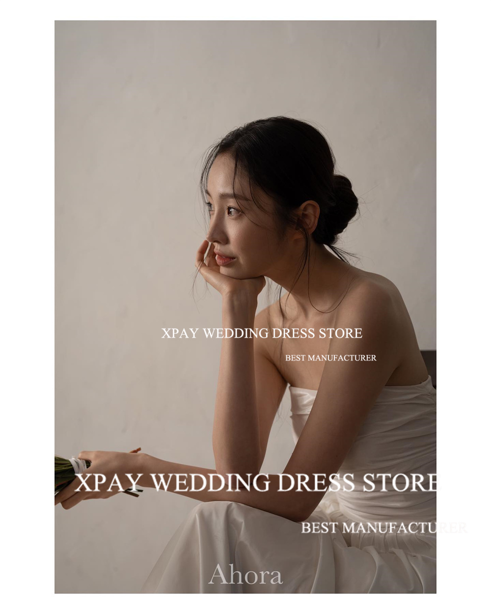 XPAY Strapless A-lijn Korea Trouwjurken Aangepaste Plooien Taft Bruidsjurk Backless Trouwfoto's Schieten Bruidsjurk