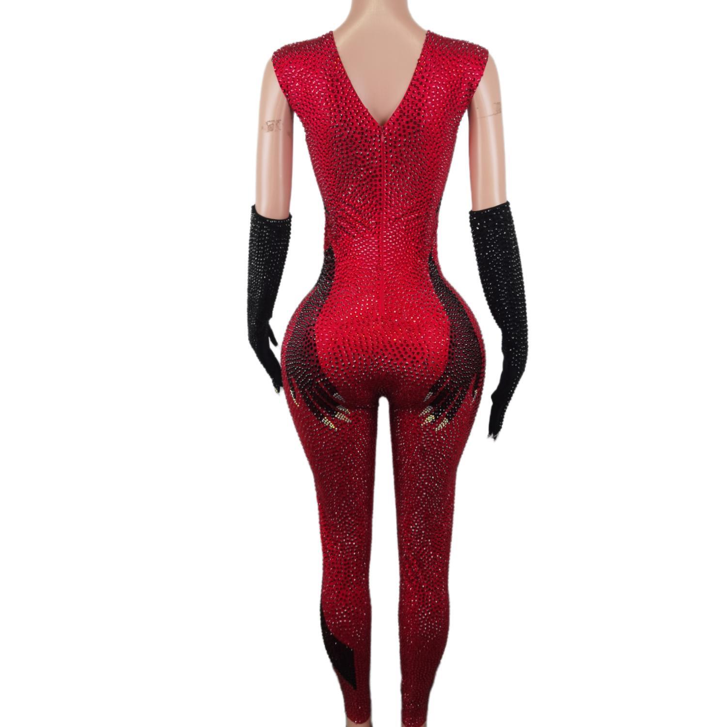 Heishou-女性用ラインストーンジャンプスーツ、ブラックハンドグローブ、パーティータイツ、パフォーマンスコスチューム、シンガーショー、ステージウェア、キラキラレッド、2024