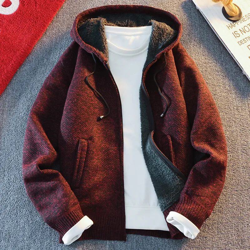 Suéter de malha masculino clássico, cardigã com capuz, jaqueta casual streetwear com zíper completo, casaco