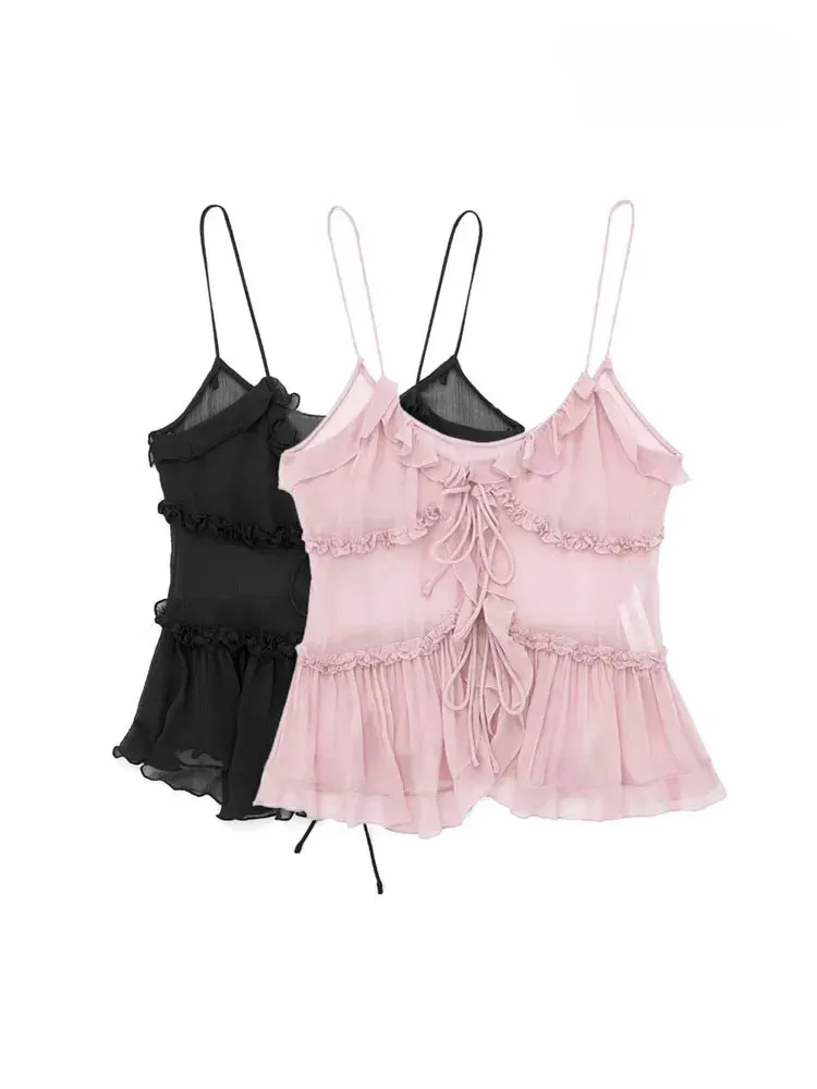 ASDS femmes mode avec volants avant attaché Semi-transparent débardeurs Sexy dos nu fines bretelles femme Camis Mujer