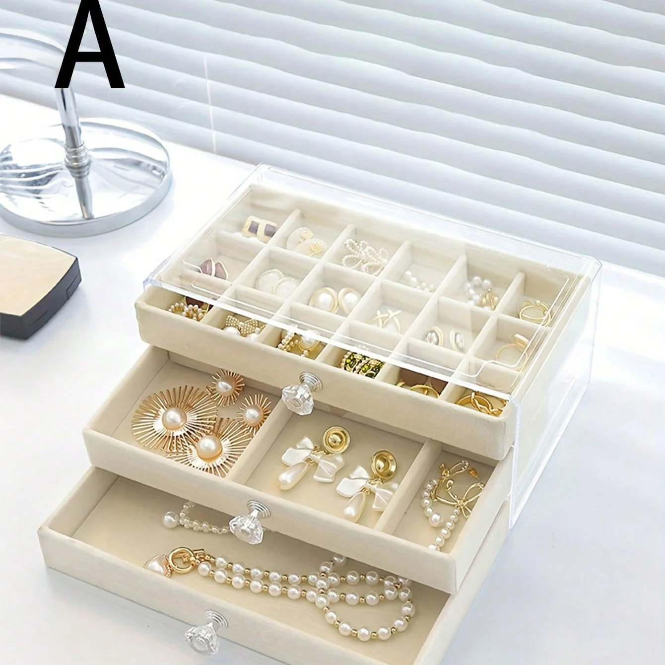 1PC 3-layer transparent plastic and velvet drawer jewelry storage box elegant crystal-shaped handle display table