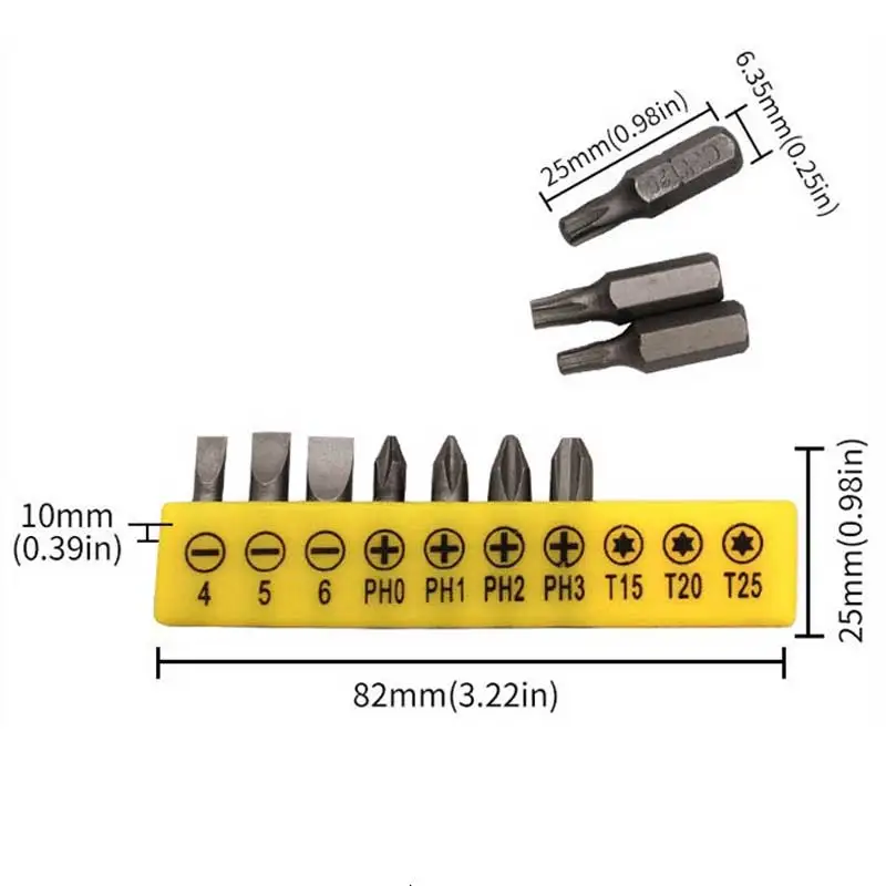 L-shaped 1/4 Hexagonal Screwdriver Bit 90 Degree Double Head Handle Black 6.35 Wrench 10pc Yellow Tape Screwdriver Bit Tool Set
