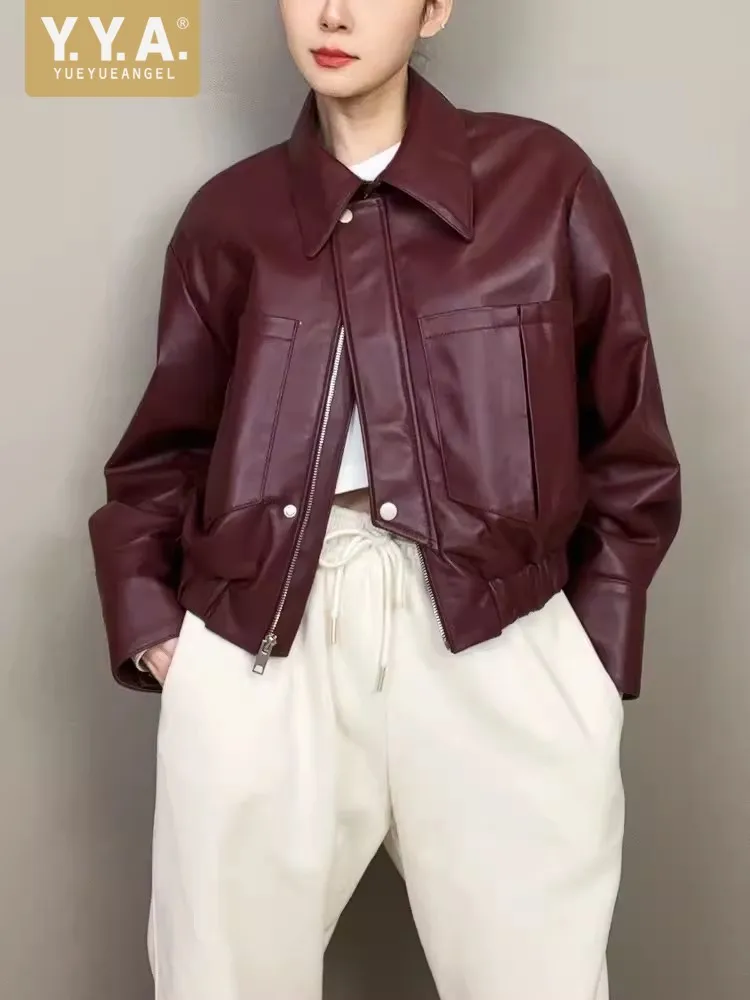 Frühling Frauen Einreiher Revers Kragen Schaffell Echtes Leder Jacke Große Taschen Kurzen Stil Casual Reiten Outwear Mantel
