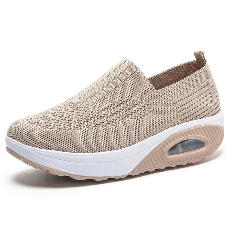Sepatu kets jalan wanita, sneaker divulkanisir warna polos datar kasual bernapas Wedges