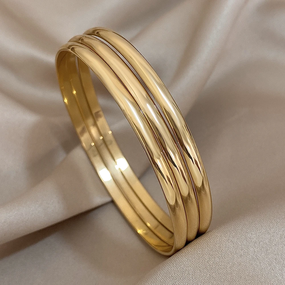 Brazalete de acero inoxidable chapado en oro brillante de 18 quilates para mujer, pulsera básica minimalista, joyería resistente al agua, 3 uds.