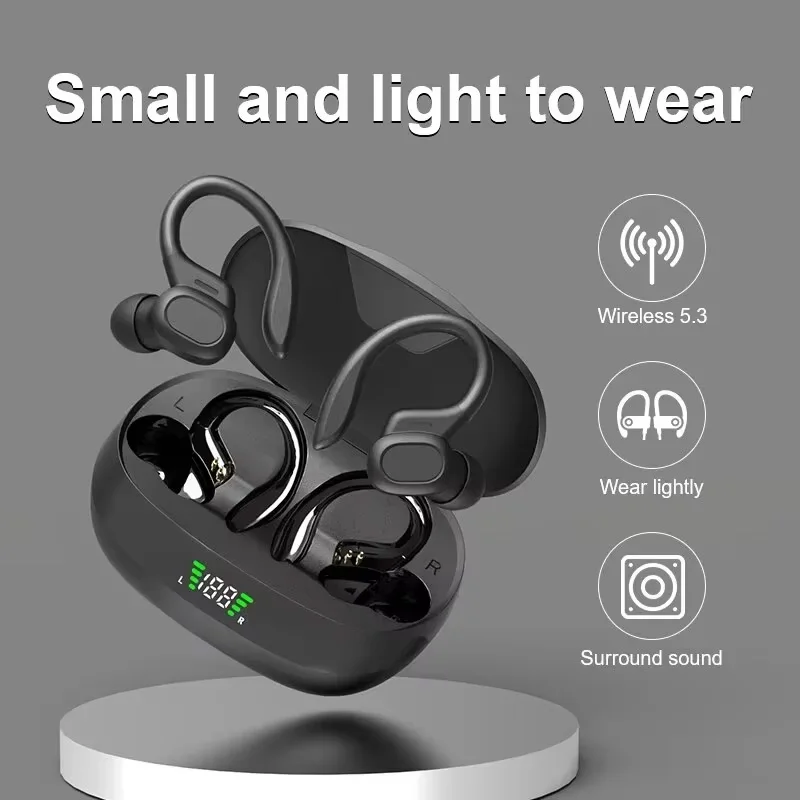 Wireless Earbuds Sport Bluetooth 5.3 Headphones with Noise Cancelling Mic 75H HiFi Stereo Over Ear Bud LED Display USB-C IPX6