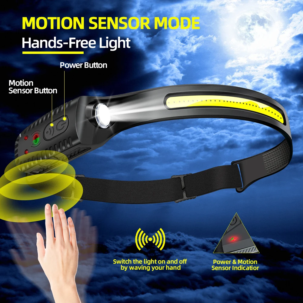 Usb recarregável led sensor farol xpe + cob farol led cabeça tocha acampamento busca luz cabeça lanterna para lanterna de pesca