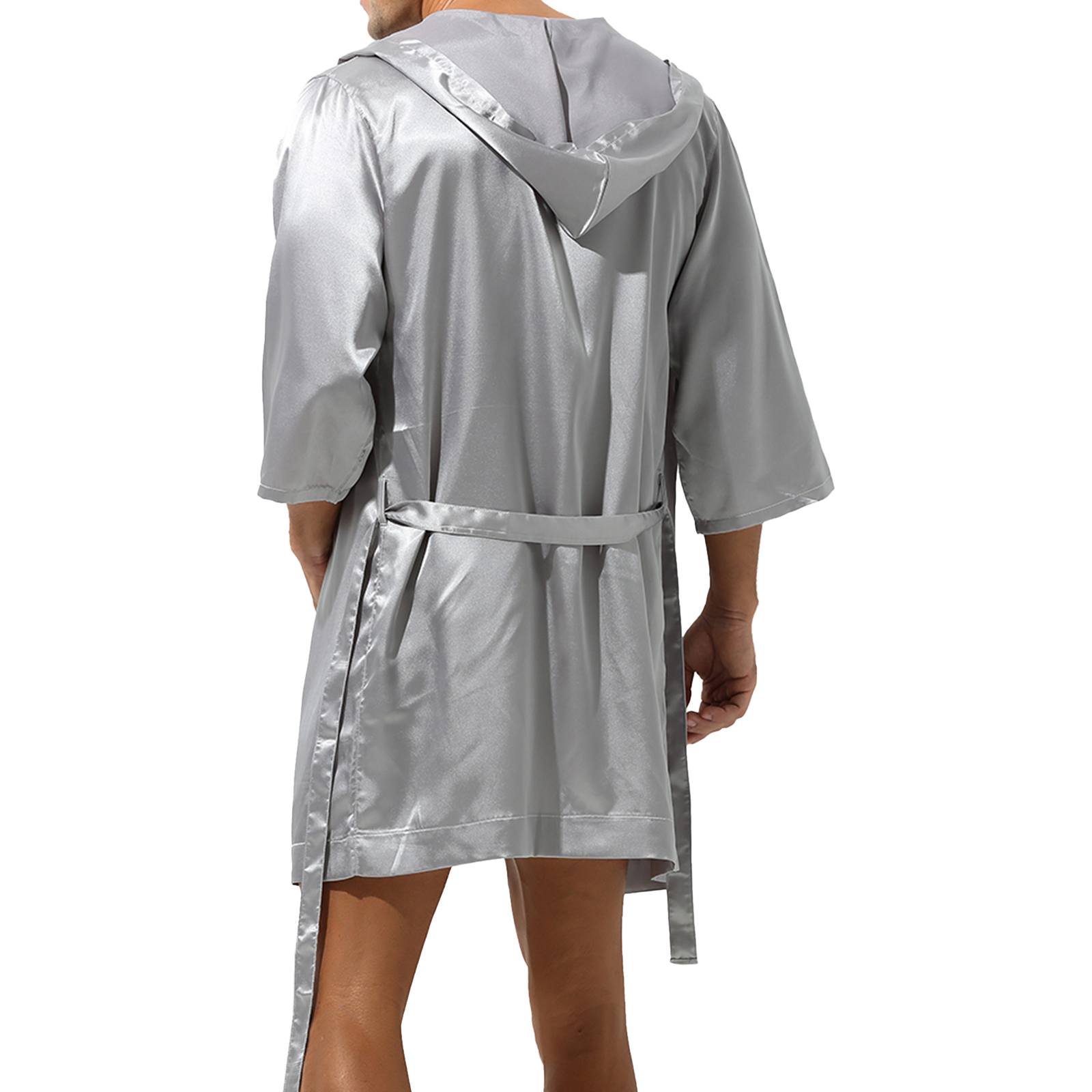 Conjunto de roupa de dormir masculina de meia manga com capuz aberto na frente com cinto e shorts de cintura elástica para roupa de dormir