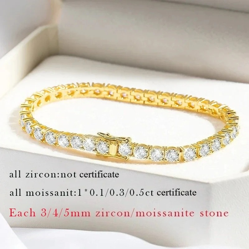 Smyoue 18k Gold Plated Moissanite Tennis Bracelet for Women 3/4/5mm Classic 925 Sterling Silver Certified Bracelet for Men Chain