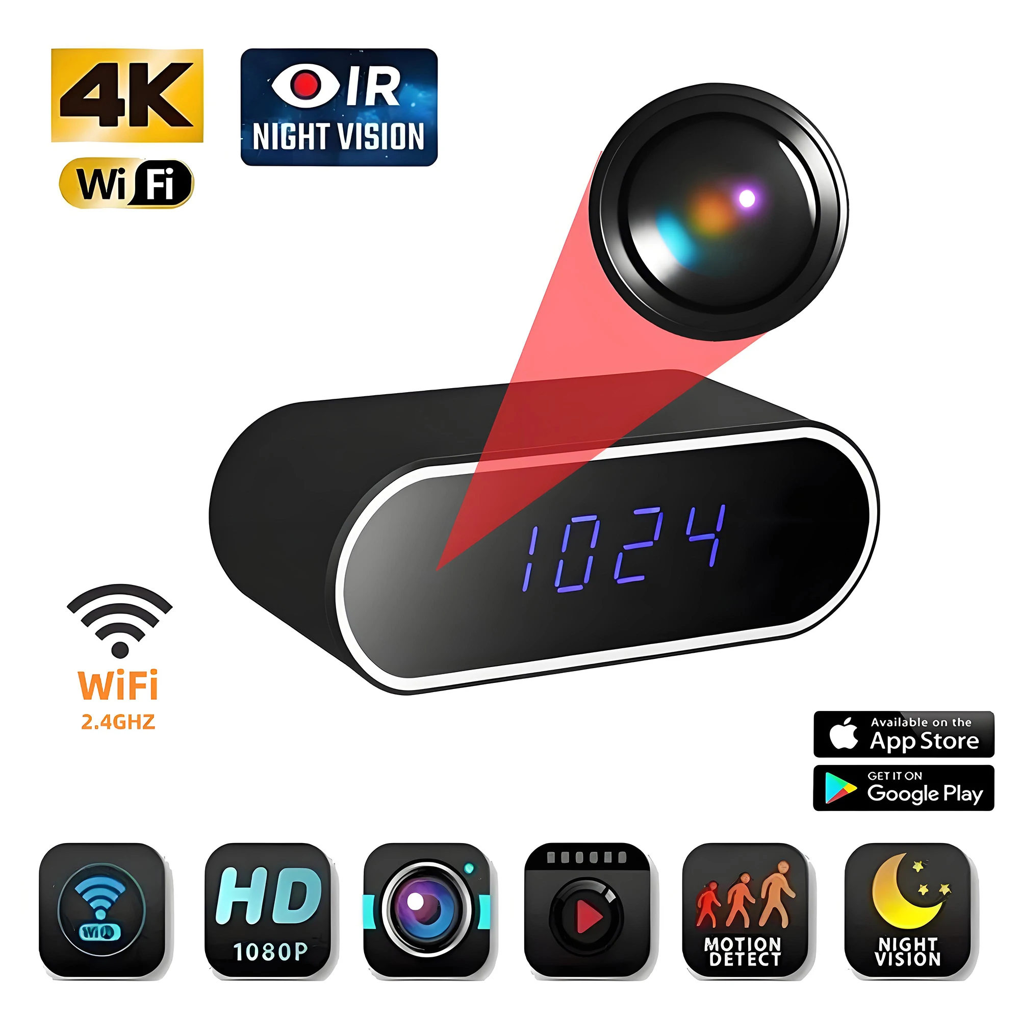 La mini cámara inalámbrica con reloj admite cámara IP HD 4K de visión nocturna WiFi, utilizada para monitoreo en el hogar y la oficina, cámara de red para niñera