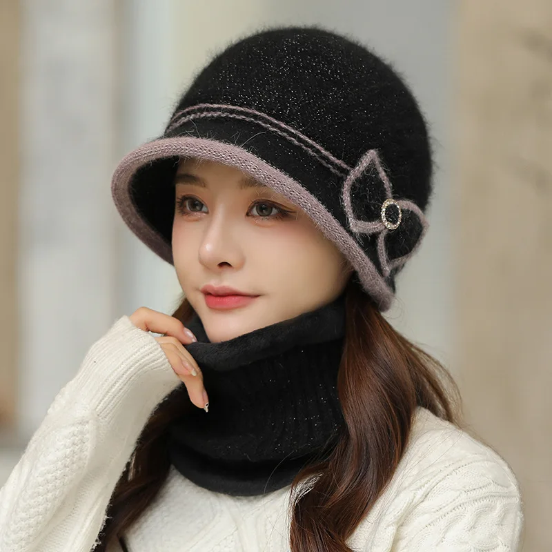 Fashion Women's Fedoras Diamond Bow Warm Hats Elegant Fleece And Thick Mother Caps Neckerchief Two Pieces Set For Autumn Winter