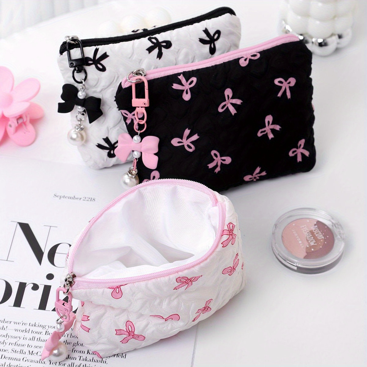 Embroidered bow makeup bag, high appearance level, coin purse storage bag, cute, large capacity, high-end makeup bag