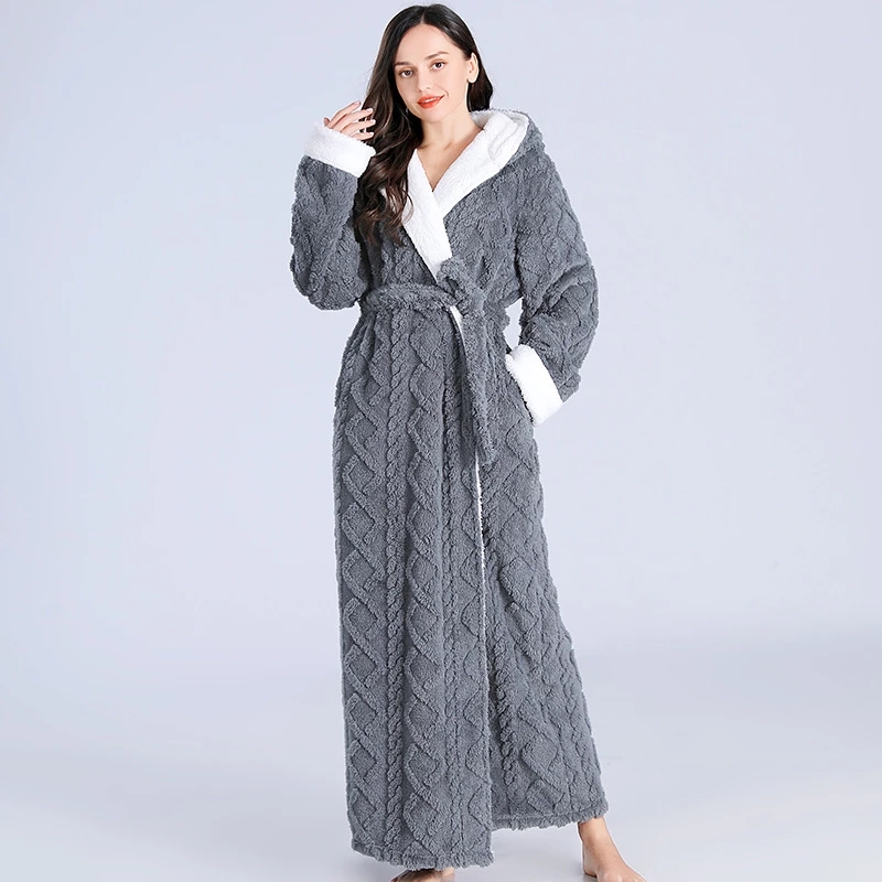 Lose Lange Dicke Bademantel Mit Kapuze Winter Dicke Frauen Bademantel Flanell Terry Warme Bequeme Nachtwäsche für Weibliche Morgenmantel