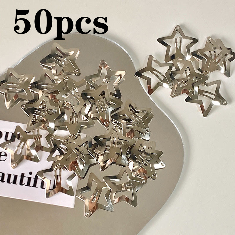 50 ชิ้น Y2K Silver Star คลิปผมสําหรับสาว Filigree Star โลหะ Snap คลิป Hairpins Barrettes ผมเครื่องประดับ Nickle ฟรี Bobby Pin