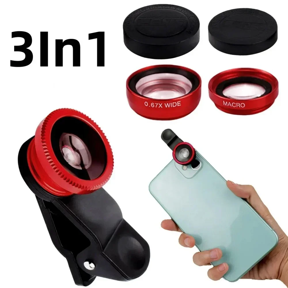 3-in-1 Fish Eye Handy-Kameraobjektiv 180 °   Fish Eye 0,67X Qualität Weitwinkel Makroobjektiv Clip Telefonobjektiv Kit für alle Smartphones