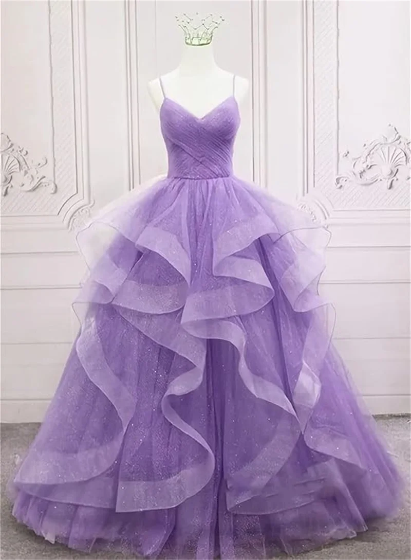 Customized Glitter Tulle Prom Dresses Spaghetti Straps Ball Gowns for Women Puffy Tiered Formal Evening Party Dress