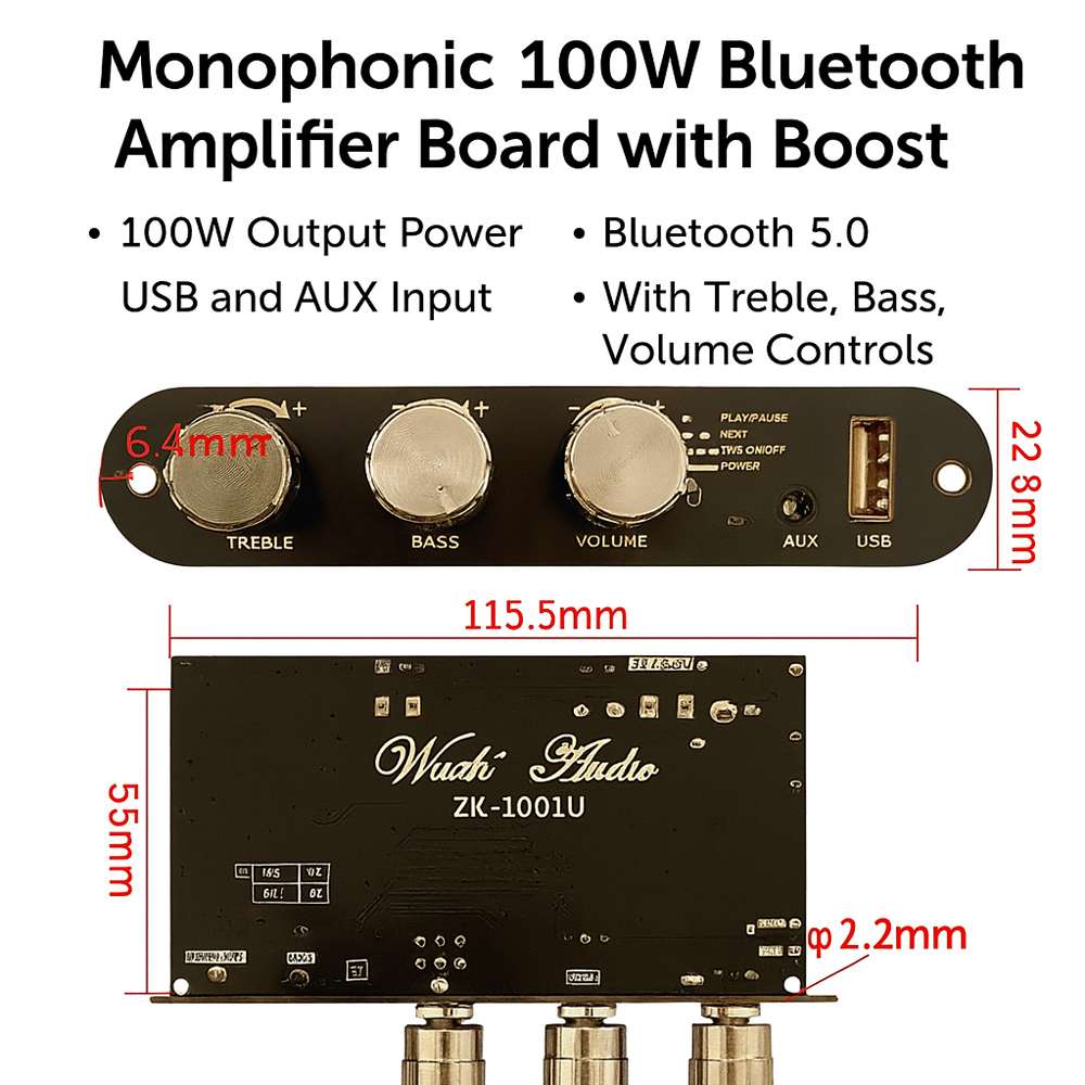 ZK-1001U 100W mono Bluetooth-versterkerkaart met Boost TPA3116D2 |   AUX USB-ingang Bass/Treble Control TWS App-ondersteuning