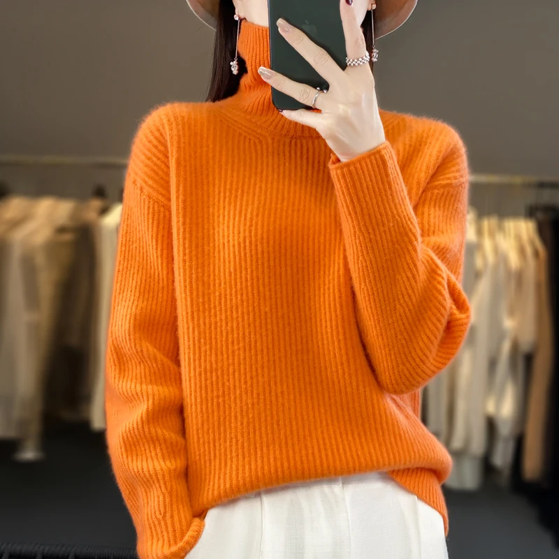 Sweater wanita rajut leher tinggi, atasan wol kasmir 2023, Pullover rajut Mode Korea tebal musim gugur dan musim dingin 100%