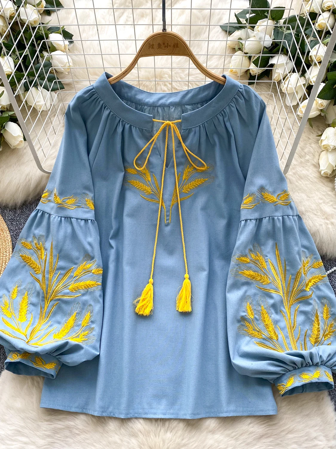 Csa Retro Étnica com Bordado Pesado para Mulheres, Top Casual Solto com Manga Lanterninha, Estilo Coreano, Manga Longa, De...