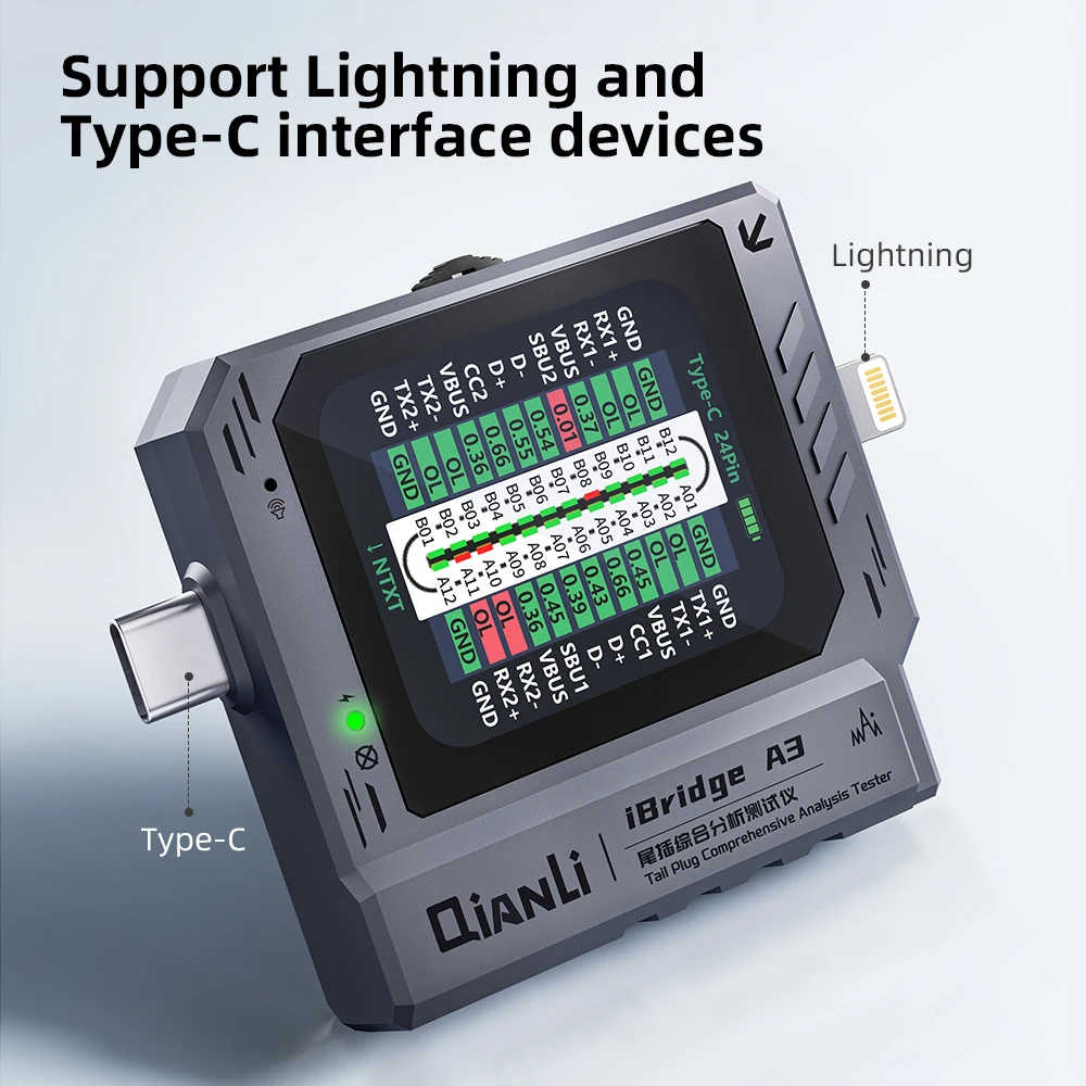 Qianli iBridge A3 enchufe trasero probador de análisis integral detección de voltaje de corriente tipo C relámpago para teléfono IPhone Samsung HW