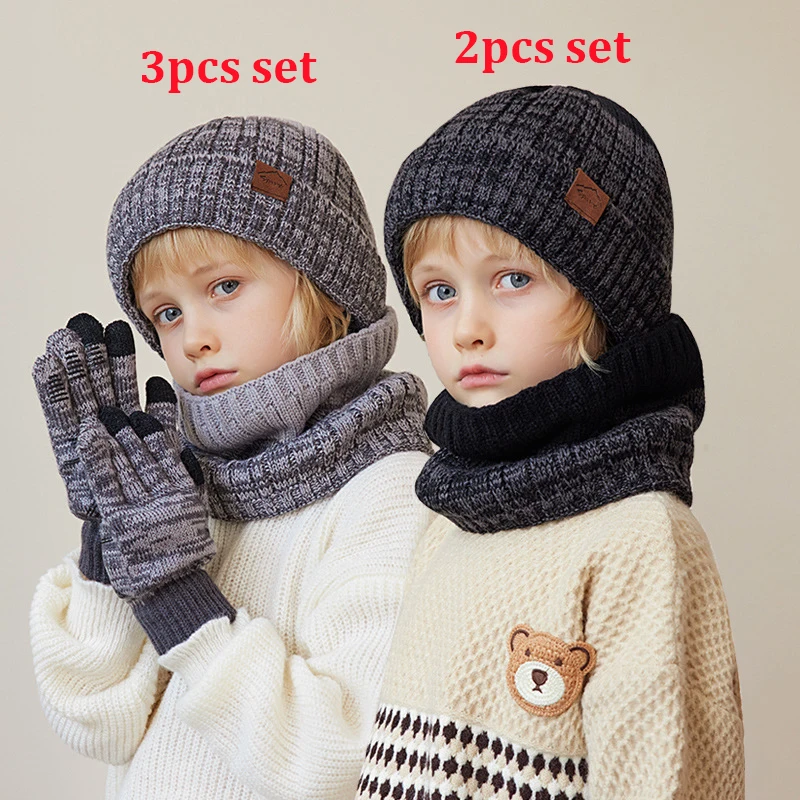 Conjunto de 3 uds de gorro de invierno para niños, bufanda y guantes, gorros de invierno con forro polar de felpa gruesa, redecilla corta para niños, conjunto de invierno de 2 uds para niño