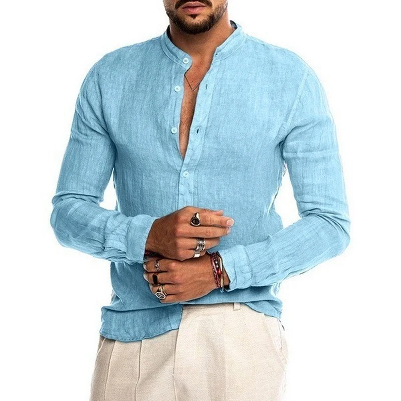 Nam Mẫu Mới Màu Áo Sơ Mi Nữ Linen Dài Tay Cardigan Tay Dài Áo Sơ Mi Nam