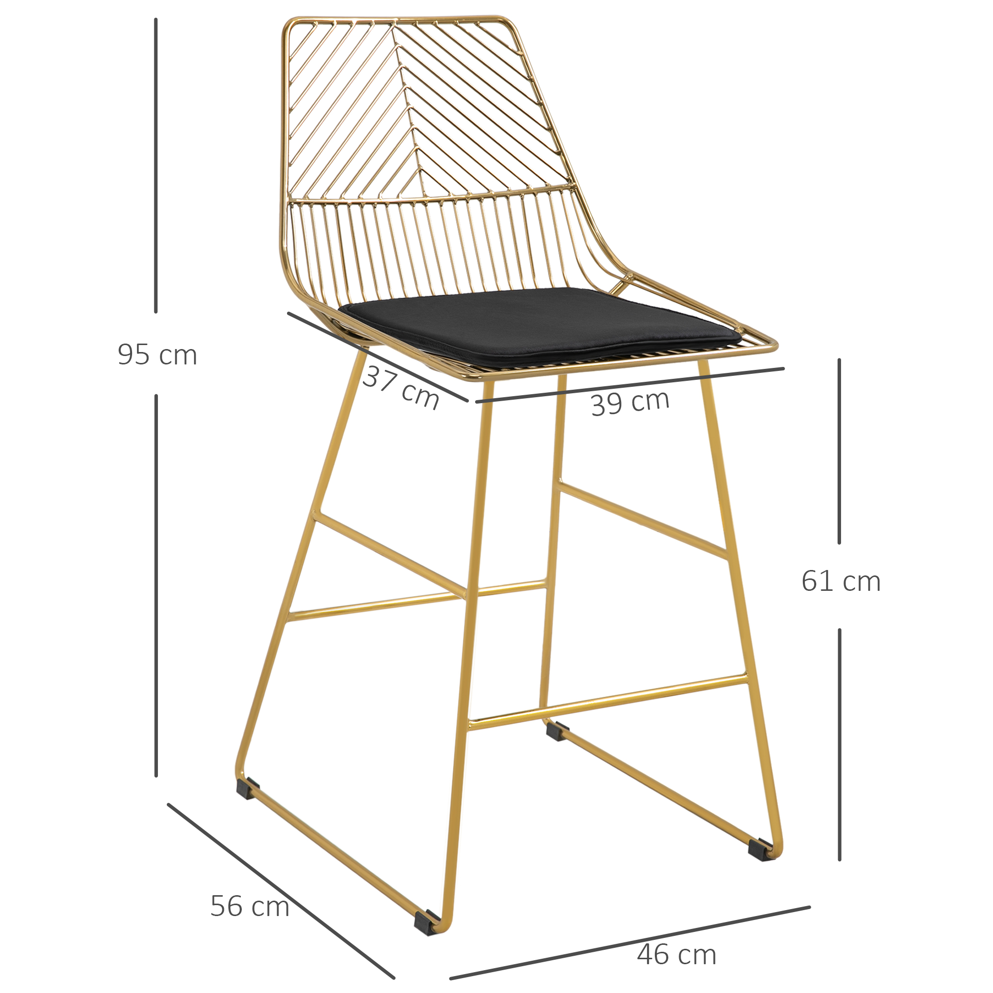 HOMCOM Set van 2 barkrukken, bistrokrukken met voetsteun, kussen, goud, 46x56x95 cm