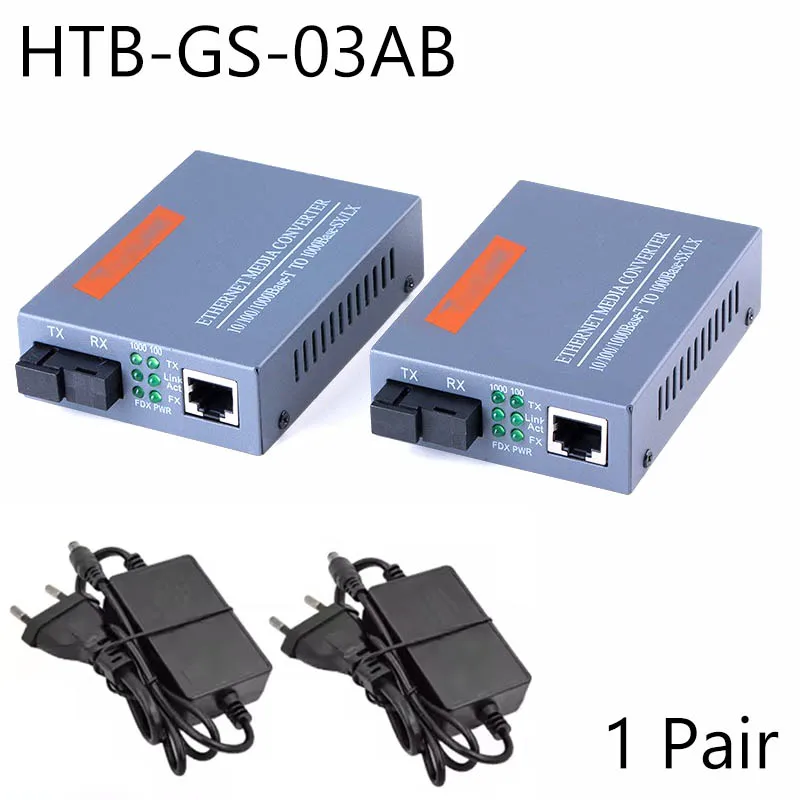 Conversor de mídia óptica de fibra gigabit HTB-GS-03 1000mbps porta sc de fibra única fonte de alimentação externa transmissor de fibra óptica