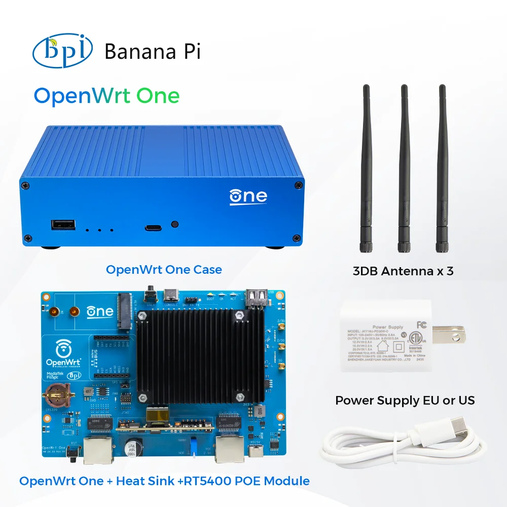 Banana Pi OpenWrt One MediaTek MT7981B 1GB DDR4 2.5GbE RJ45 e Gigabit Ethernet RJ45 256 MiB SPI NAND Roteador inteligente de código aberto