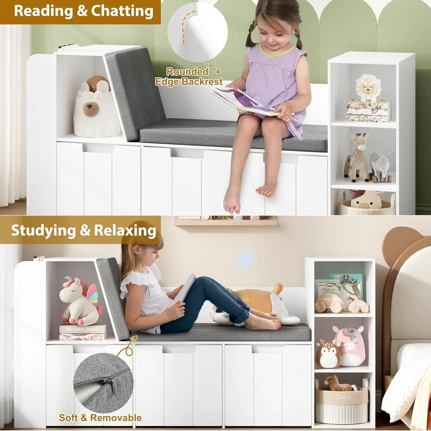 61.5" Kids Reading Nook with 3-Layer Bookshelf, Reading Nook for Kids with Double Bench and Rolling Drawers, Kids Bookshelf and