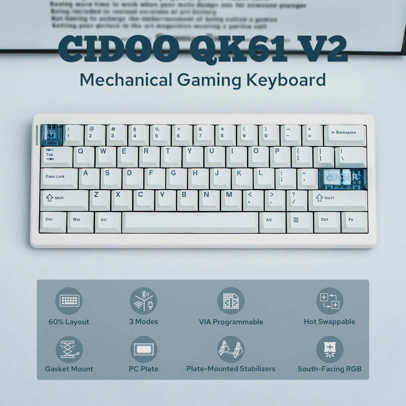 CIDOO QK61 V2 VIA-Programmable 60% Gasket Structure Wired/2.4GHz Wireless/Bluetooth Compact Keyboard with South-Facing LEDs
