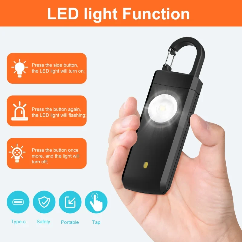 Linterna LED de autodefensa para mujer, llavero con luz recargable por USB con alarma de seguridad, suministros protectores de emergencia para exteriores, 1 Uds.
